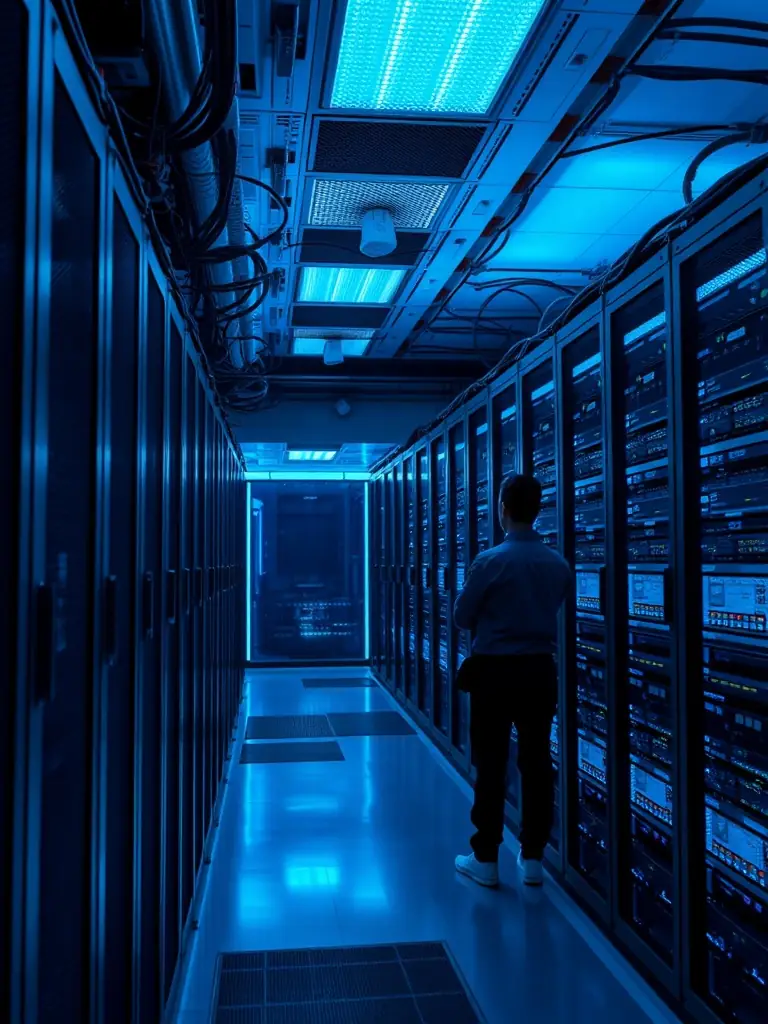 A server room filled with blinking lights and cooling systems, symbolizing the robust infrastructure of DesignWave's hosting services.