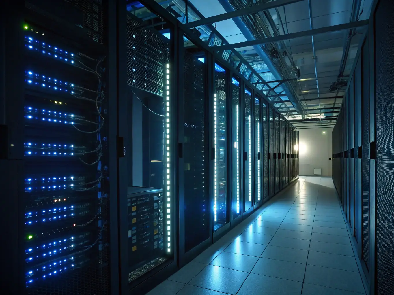 A secure server room with blinking lights, symbolizing the security and reliability of WordPress hosting and maintenance services.