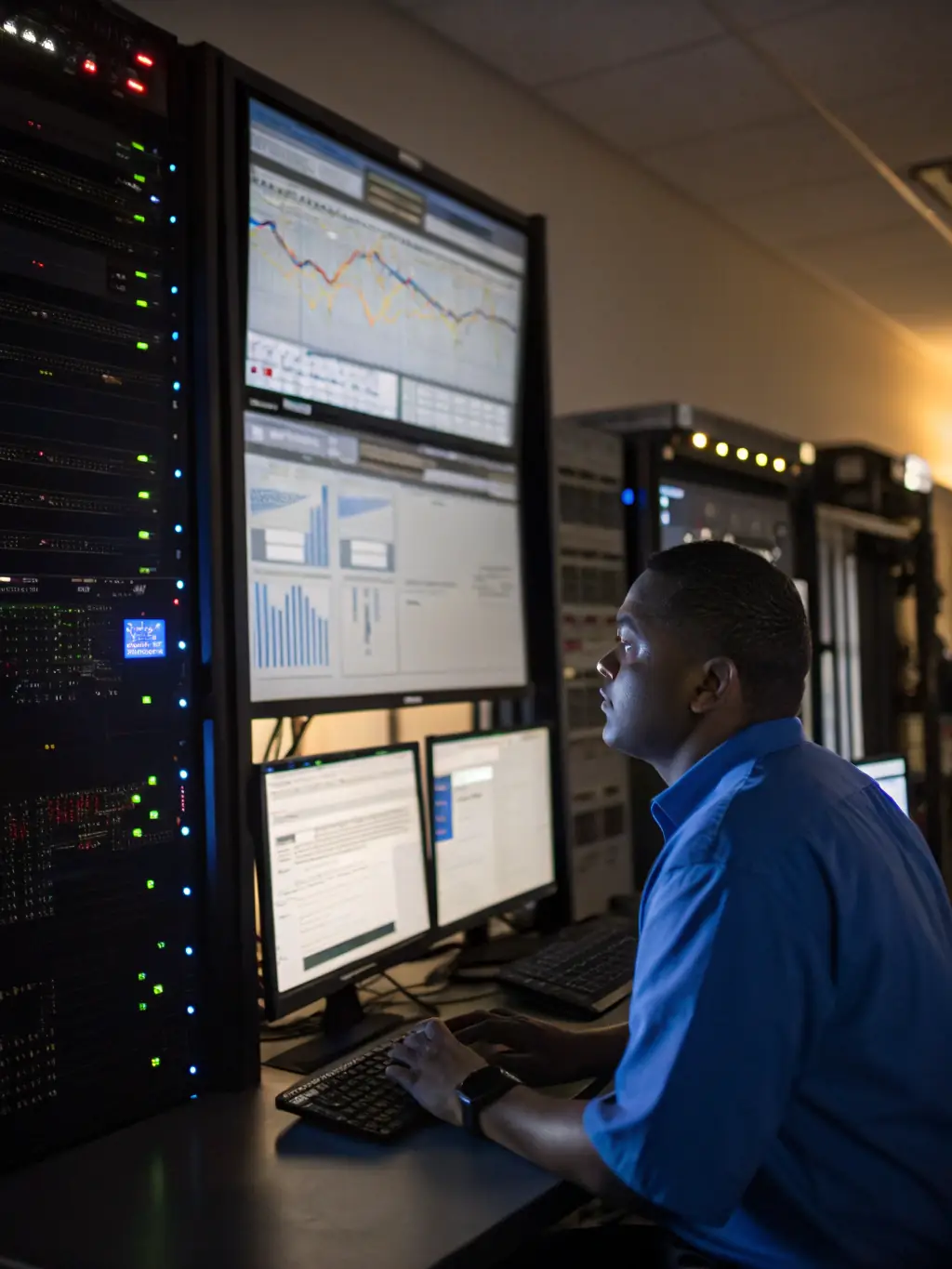 A technician monitoring server performance on a dashboard, illustrating DesignWave's proactive approach to identifying and resolving potential issues.