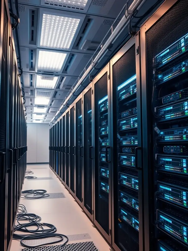 A server room filled with blinking lights and well-organized cables, symbolizing the robust infrastructure of DesignWave's hosting services.